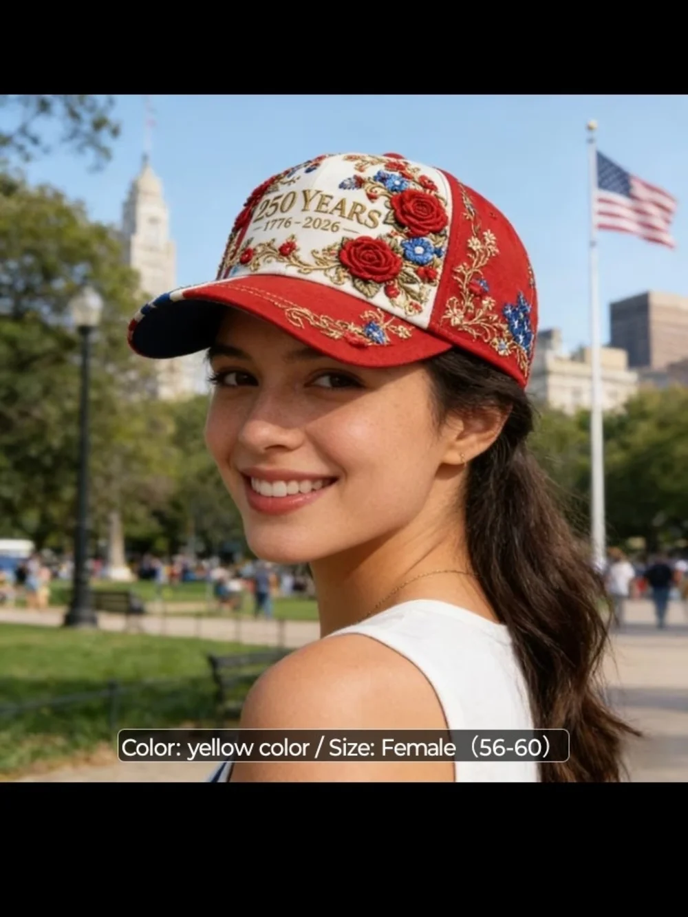 Printed 250 Years Patriotic Baseball Cap - Red, White, Blue, Gold